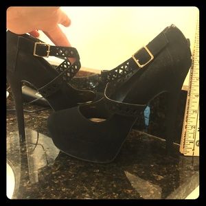Womens Sexy platform suede-like Black strappy high heels